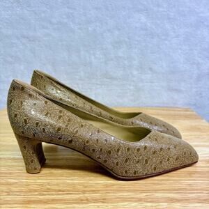 Vintage JOEL PARKER Italy Brown Textured Leather Block Square Toe Pump Heels 8B